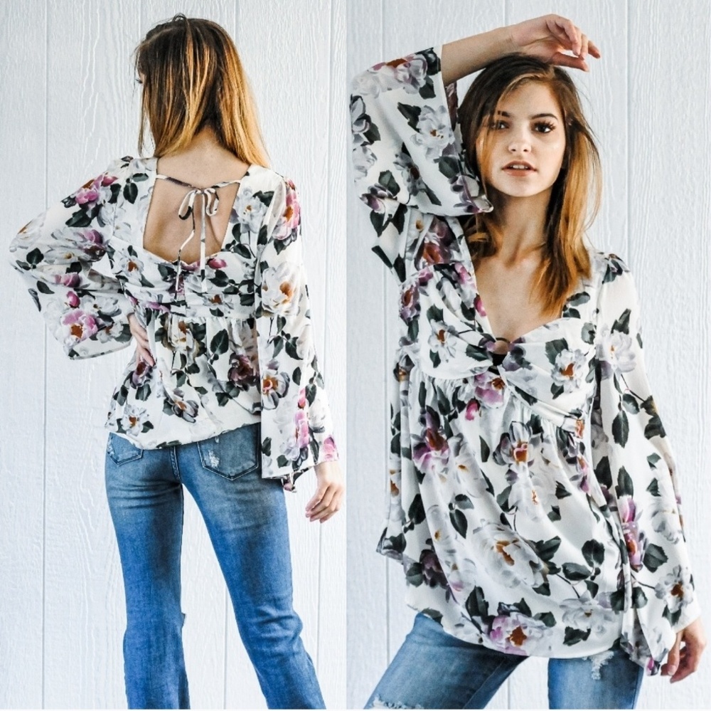 SOLD OUT  40057 Floral Keyhole Blouse - Picture 3 of 5